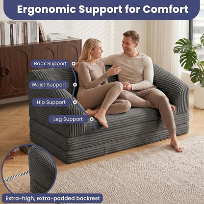 JUIKURY Convertible Sofa Bed, 3-in-1 Foldable Loveseat Couch with Armrest, Corduroy Floor Sofa & Sleeper Bed, No Assembly High-Density Foam Futon Mattress for Living Room, Small Apartment, Dorm