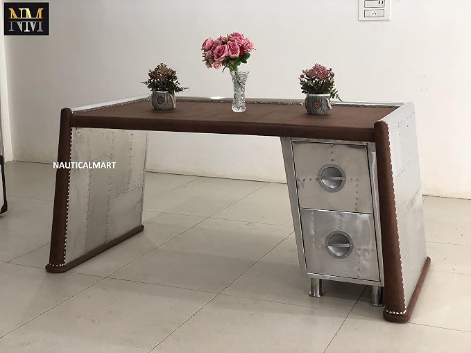 NauticalMart Brancaster Desk, Distress Chocolate Top Grain Leather & Aluminum Table Aviator Furniture Home and Office Decor (62 Inches)
