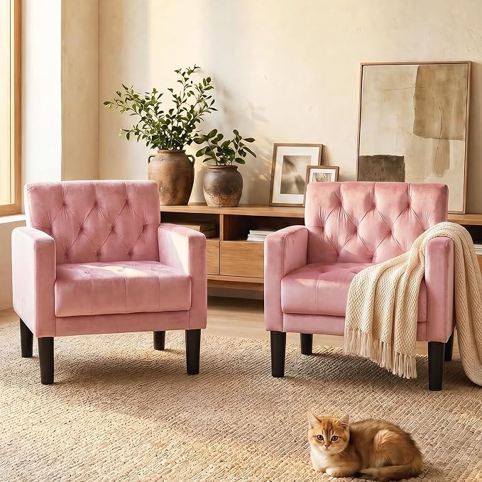 TYBOATLE Accent Chairs Set of 2, Mid Century Modern Upholstered Tufted Living Room Chair for Bedroom, Armchair Single Sofa,Reading Lounging Side Lounge Office Chair (Pink)