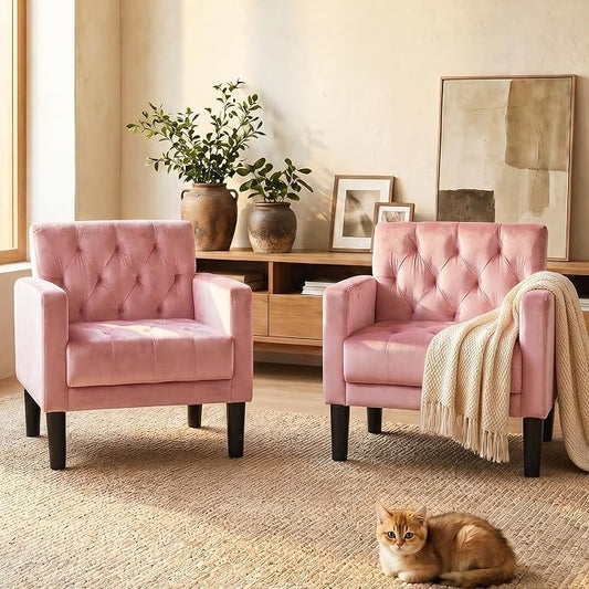 TYBOATLE Accent Chairs Set of 2, Mid Century Modern Upholstered Tufted Living Room Chair for Bedroom, Armchair Single Sofa,Reading Lounging Side Lounge Office Chair (Pink)