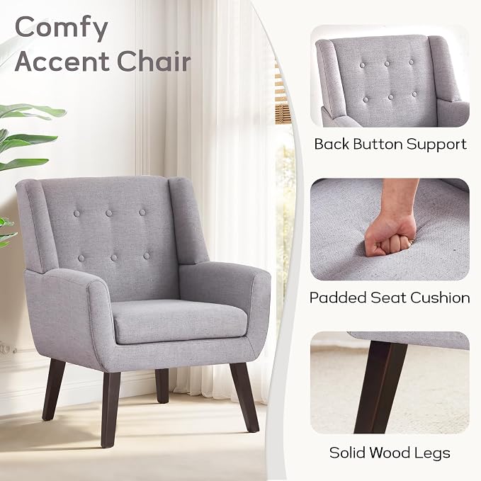 HUIMO Accent Chair Living Room Chair, Upholstered Button Tufted Armchair, Linen Fabric Sofa Chairs for Bedroom, Living Room, Mid Century Modern Comfy Reading Chair (Light Grey)