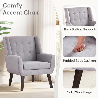 HUIMO Accent Chair Living Room Chair, Upholstered Button Tufted Armchair, Linen Fabric Sofa Chairs for Bedroom, Living Room, Mid Century Modern Comfy Reading Chair (Light Grey)