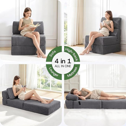 4-in-1 Folding Sofa Bed Convertible Boneless Sleeper Chair Couch Foldable Lounger & Mattress Pocket Coil & Foam Fill Medium Support, Portable No Assembly for Living Room/Bedroom, Single