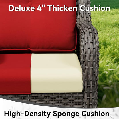 3-Piece Outdoor Couch Set, 1 Wicker Patio Loveseat with Thickened Olefin Cushions, High Back and Deep Seating, Hand-Woven PE Rattan and 2 Ottomans, Patio Conversation Set for Porch, Deck