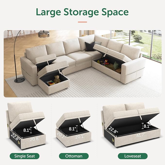 HONBAY Modular Sectional Sleeper Sofa with Pull Out Bed, U Shaped Sectional Couch with Storage Ottoman, Sleeper Sectional Couches for Living Room, Beige