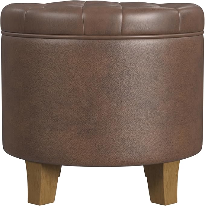 HomePop 19" Faux Leather Button Tufted Round Storage Ottoman - Brown
