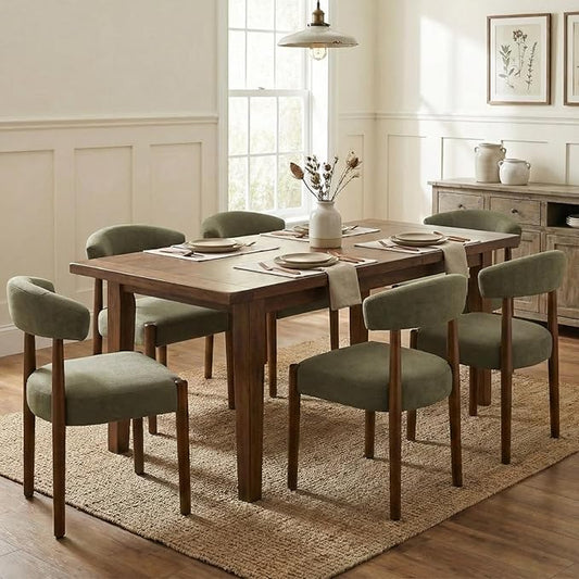 VKNOW Wooden Dining Chairs Set of 6, Modern Upholstered Dining Room Chairs with Walnut Wood Legs and Curved Backrest, Fabric Kitchen Chairs for Farmhouse/Living Room/Dining Room, Green
