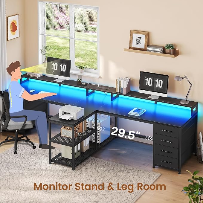 SEDETA 94.5" 2 Person Gaming Desk, Long Office Computer Desk with 8 Drawers & LED Light, Two Person Desk with Storage, Power Strip & Monitor Shelf for Home Office, Black