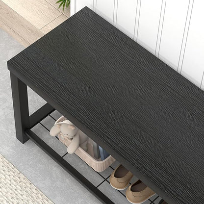 EXCEFUR Entryway Bench, Modern Wood and Metal Storage Bench for Hallway Front Door Entrance, Industrial Indoor Shoe Rack Bench Seat for Bedroom Living Room, 43.3 Inch Black