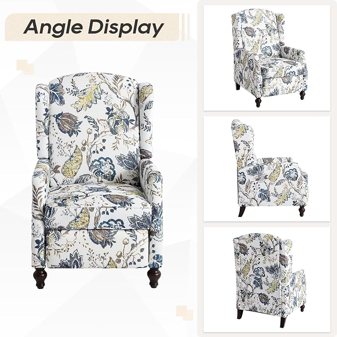 Upholstered Wingback Recliner Chair, Mid Century Modern Manual Push Back Recliner for Living Room, Bedroom (1, Blue & White Floral)