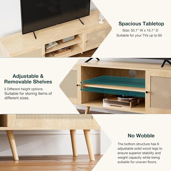 ZttRiee TV Stand with Rattan Doors for TVs up to 65", Mid-Century, Natural | 54.7"W x 15.7"D x 18.9"H, 150 lbs capacity, 2 rattan-door cabinets & 1 shelf (4 compartments), 2 cord holes, 6 wood feet