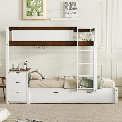 Ball & Cast Twin-Over-Twin Bunk Bed with Twin Size Trundle,Solid Wood Bedframe W/Desk & Drawers,USB,Space Saving,Easy Assembly,Multifunctional Bedroom Furniture Set for Boys Girls Teens,White+Walnut