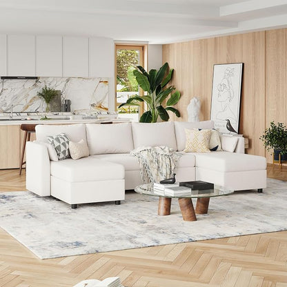 Huatean Home 114.17" Modular Sectional Sofa, 6 Seat Modular Couch with Storage, Memory Foam, Convertible Sectional Couches for Living Room, U Shaped Comfy Modular Sofa with Chaise, White