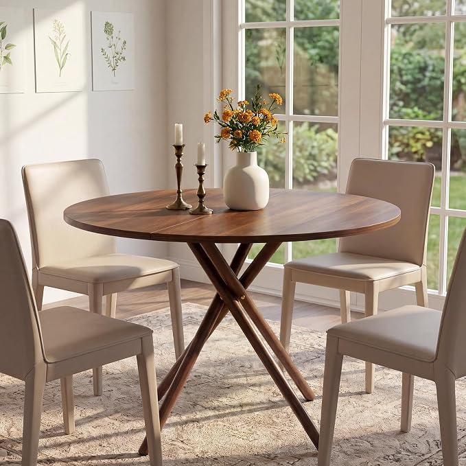 VINGLI 37.5" Round Dining Table for 4, Wood Kitchen Table, Walnut | Cross Metal Leg, Adjustable Feet, Wood Tabletop, Mid-Century Modern Style, for Living Room, Dining Room, Kitchen, Small Place