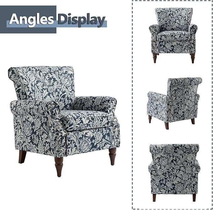 HULALA HOME Modern Wingback Accent Chair with Wood Legs & Removable Cushion, Comfy Upholstered Armchair with Nailhead Trim, Floral Pattern Single Sofa Chair for Living Room Bedroom, Navy