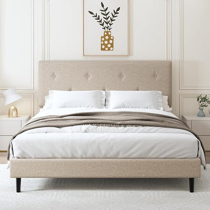 King Size Linen Bed Frame, Upholstered Platform Bed Frame with Adjustable Headboard, Wooden Slats Support, Easy Assembly, No Box Spring Needed, Beige