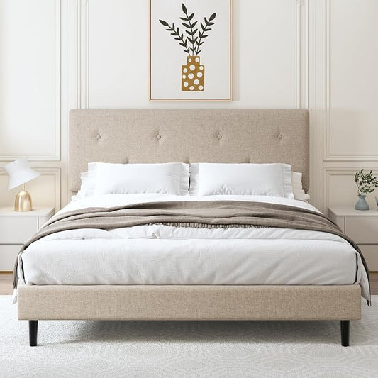 King Size Linen Bed Frame, Upholstered Platform Bed Frame with Adjustable Headboard, Wooden Slats Support, Easy Assembly, No Box Spring Needed, Beige