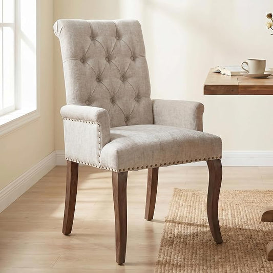 Upholstered Dining Chairs with Arms, Greyish Beige, 1 Pack | Tufted Chenille Kitchen Chairs with Arms, Modern Farmhouse Armchair with Nailhead Trim for Dining Room, Home Office