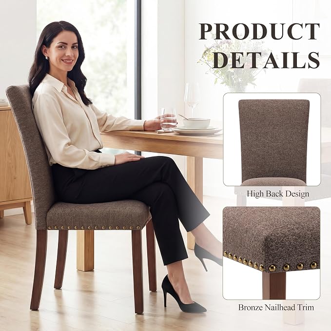 COLAMY Upholstered Dining Chairs Set of 6, Parsons Nailhead Dining Room Kitchen Chairs with Wood Legs - Brown