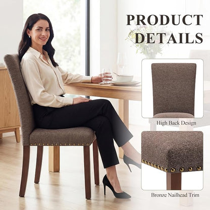 COLAMY Upholstered Parsons Dining Chairs Set of 4, Fabric Dining Room Kitchen Side Chair with Nailhead Trim and Wood Legs - Brown