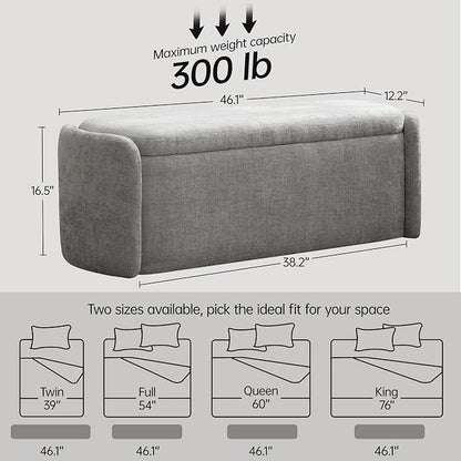 VKNOW 46" Oval Storage Ottoman Bench, Upholstered End of Bed Bench Ottomans Bench Foot Rest, Sherpa Storage Bench for Bedroom, Living Room and Hallway, Light Grey