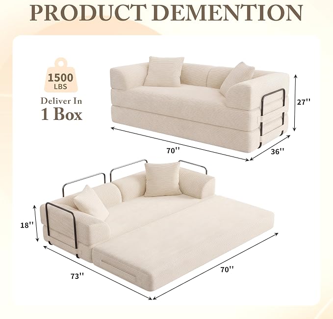 Cloud Boneless Convertible Floor Sofa Bed, 70" 5-in-1 Foldable Compressed Loveseat Lounge Sleeper 2 Seater Couches, High-Density Sponge & Corduroy Fabric Futon Daybed for Living Room Bedroom(Beige)