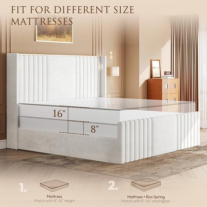 King Size Bed Frame with 55.1" Tall Headboard, Velvet Upholstered Platform Bed with Channel Tufted Wingback, 2 Reading Lights/Storage Shelf/Charging Station/Easy Assembly/Noise-Free, Cream