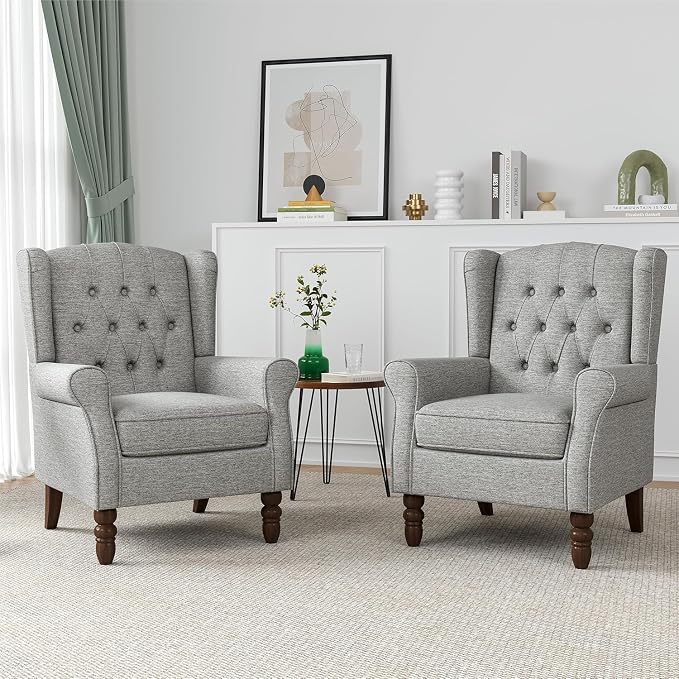 Wingback Accent Chairs Set of 2, High Back Arm Chair for Living Room, Button-Tufted Upholstered Fabric Armchair with Solid Wood Legs, Comfy Single Sofa Reading Chair for Bedroom, Light Gray
