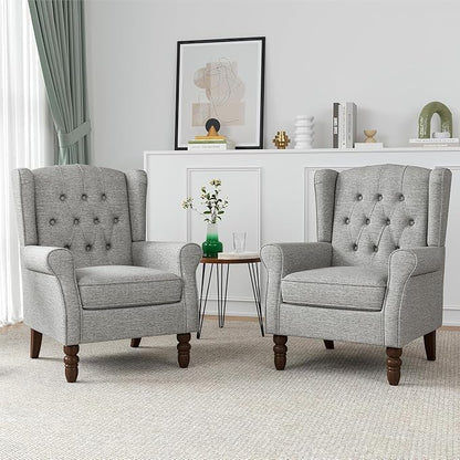 Wingback Accent Chairs Set of 2, High Back Arm Chair for Living Room, Button-Tufted Upholstered Fabric Armchair with Solid Wood Legs, Comfy Single Sofa Reading Chair for Bedroom, Light Gray
