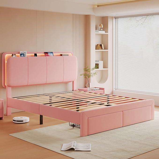 Feonase Full Upholstered Bed Frame with Headboard and 2 Storage Drawers, Built-in Charging Station, Velvet Platform LED Bed with Solid Wood Slat Support, No Box Spring Needed, Pink