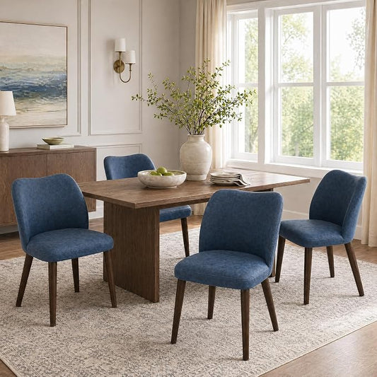 COLAMY Dining Chairs Set of 4, Upholstered Leather Kitchen Chairs with Curved Back, Padded Seat and Solid Wood Legs, Modern Dining Chair for Kitchen Dining Room, Blue