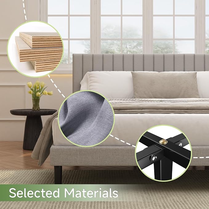 King Size Platform Bed Frame with Vertical Channel Tufted Headboard, No Box Spring Needed, Noise-Free, Easy Assembly, Light Grey Linen