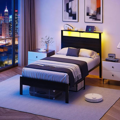 Twin Bed Frame with LED Lights & USB Charging Station, Black Metal Platform Bed with Storage Headboard, Under-Bed Space, Noise-Free & Sturdy, No Box Spring Needed, Easy Assembly