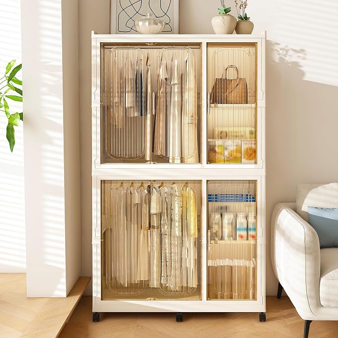Portable Wardrobe Closet Organizer, Large Kids Wardrobe Closet with Magnetic Doors and Wheels, Collapsible Plastic Baby Clothes Storage Cabinet, 4 Cubes and 2 Wardrobes (17.7"D x 36.2"W x 62.2"H)