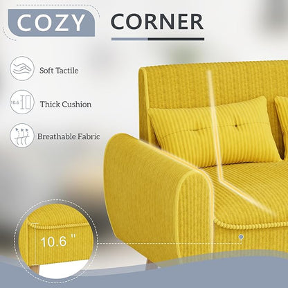 Shintenchi 48'' Loveseat Sofa, Mid-Century Modern Upholstered Couch Deep Seat with 2 Pillows, 10" Thick Cushion with Spring, Solid Wood Frame Small Couch for Living Room, Dorms & Office, Yellow
