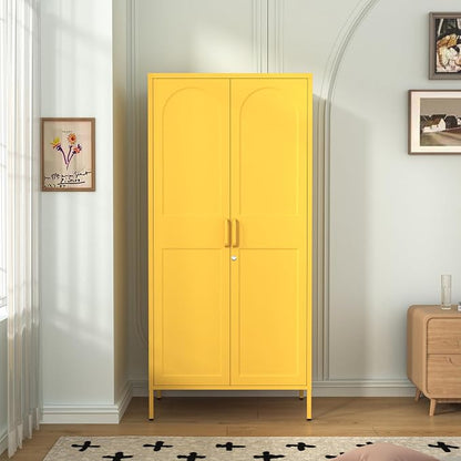 67" Industrial Lockable Metal 2-Door Wardrobe Storage Cabinet with Hanging Rod & Adjustable Shelves, Heavy Duty Multipurpose for Bedroom, Garage, Home Office, Yellow 67" H X 31.5" W X 18.1" D