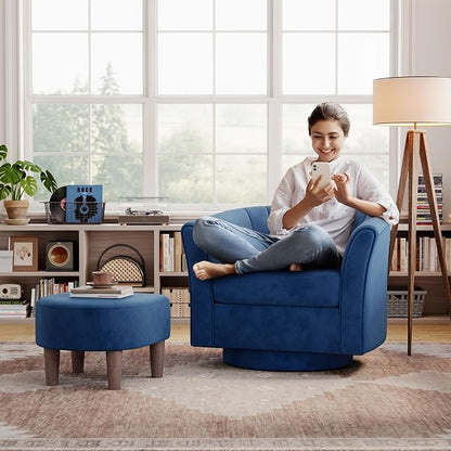 LINSY Swivel Accent Chair Ottoman Set: Velvet Larege Barrel Chair with Foot Rest, Modern Reading Chair Upholstered Armchair with Footrest for Living Room Bedroom Study Room Office (Blue)