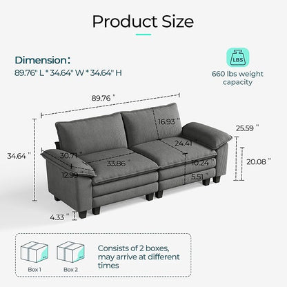 LINSY HOME 90" Modular Cloud Love Seat Sofa, Corduroy Soft Sectional Couch, Modern Comfy Love Seat, Perfect for Living Room, Apartment, Office, Grey