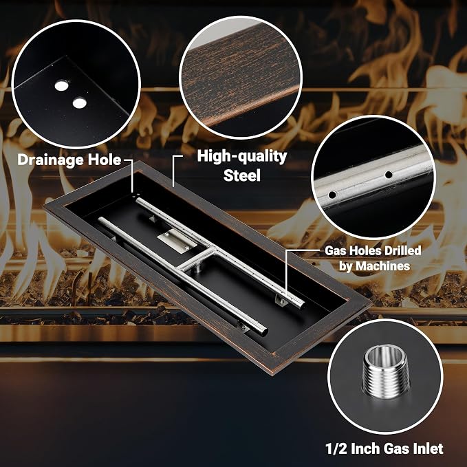 Skyflame 24 x 8 Inch Rectangular Fire Pit Pan Kit, Black Drop-in Fire Pit Pan and Burner, Come with Spark Ignition and Propane Hose, Indoor/Outdoor Fire Table DIY Decorative