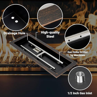 Skyflame 24 x 8 Inch Rectangular Fire Pit Pan Kit, Black Drop-in Fire Pit Pan and Burner, Come with Spark Ignition and Propane Hose, Indoor/Outdoor Fire Table DIY Decorative