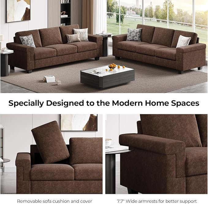 COPIAE 3 Seater Sofa Couch with Deep Seat, 90" Modern Upholstered Sofa with Armrests, Easy Installation, Comfy Couches for Living Room, Apartment,Dark Brown