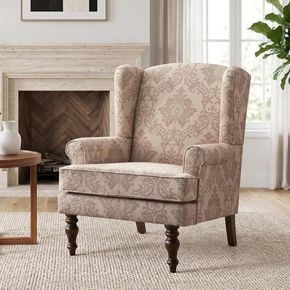 HUIMO Printed Wingback Accent Chair, Linen Upholstered High Back Armchair, Comfy Reading Chair for Living Room Bedroom Study, 300lbs Weight Capacity (1, Brown Floral)