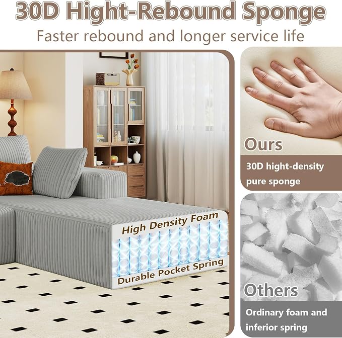 95" Cloud Sectional Couch with L-Shape Chaise, Modular Comfy Sofa Chaise Longue, Upholstered Corduroy Couches Sleeper with Deep Seat for Living Room, No Assembly Required(Light Grey, Right Facing)