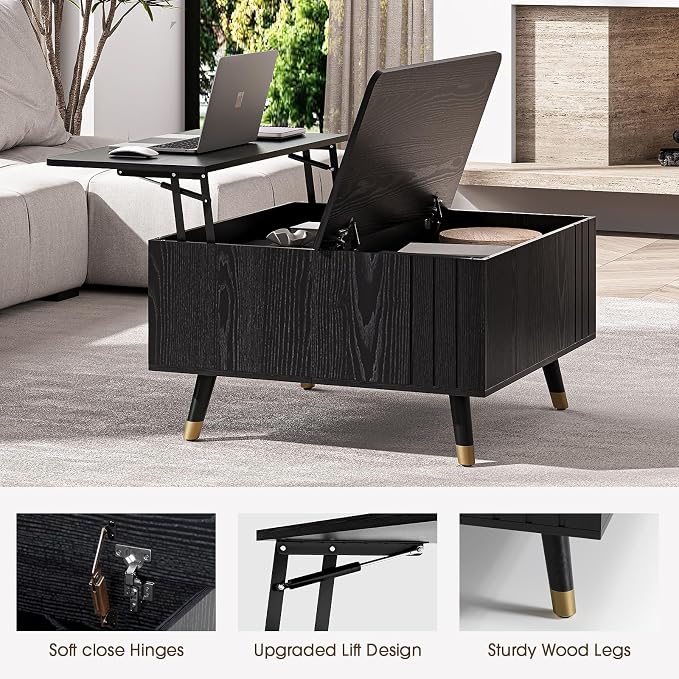 Lift Top Coffee Table with Storage, 32" Black Center Table for Living Room, Square Dinning Table with Solid Wood Legs