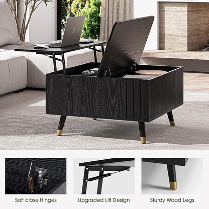 Lift Top Coffee Table with Storage, 32" Black Center Table for Living Room, Square Dinning Table with Solid Wood Legs