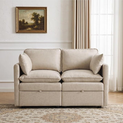 55" Beige Faux Leather Storage Loveseat Sofa, Upholstered 2 Seater Sofa | Modern Deep Seat Cloud Sofa Chair, Small Love Seat Comfy Modular Sectional Sofa for Living Room, Bedroom, Small spaces
