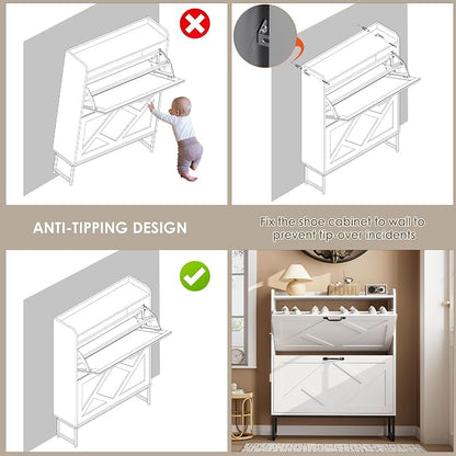 Nicetree Shoe Cabinet with 2 Flip Drawers, Freestanding Shoe Organizer, Shoe Cabinet with Metal Legs, Narrow Shoe Rack Cabinet for Entryway, Foyer, Hallway, White