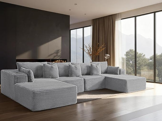 138" Cloud Sectional Couch, Comfort U Shaped Sofa for Living Room, Extra Deep Seats No Assembly, Minimalist Modular Couch, Corduroy (Light Grey, 6 Seats,U-Shape C)