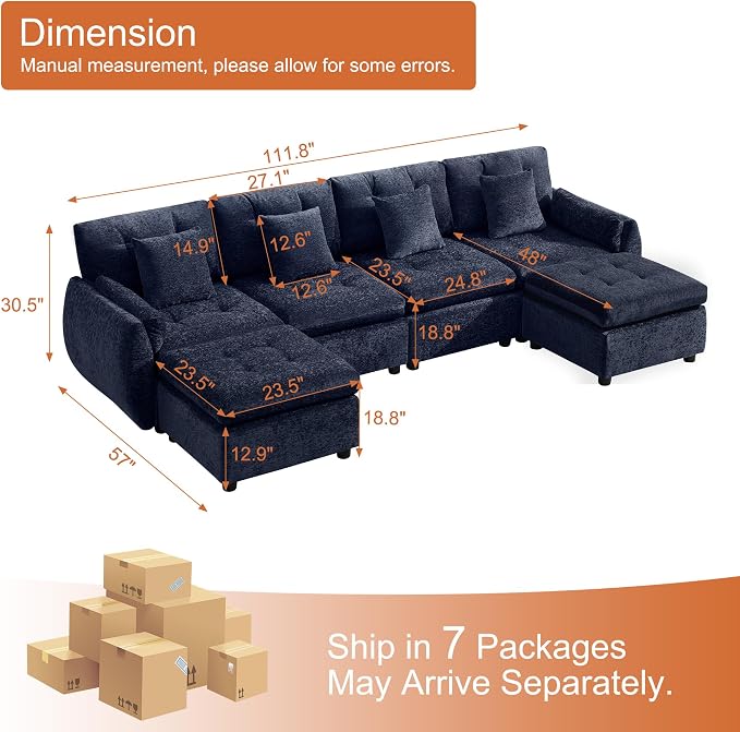 112" U Shaped Modular Sectional Cloud Sofa with 2 Ottomans, Oversized Deep Seat Tufted Chenille 6-Seater Couch with Curved Arms, Upholstered Sofas for Living Room, Blue