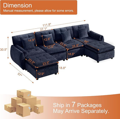 112" U Shaped Modular Sectional Cloud Sofa with 2 Ottomans, Oversized Deep Seat Tufted Chenille 6-Seater Couch with Curved Arms, Upholstered Sofas for Living Room, Blue